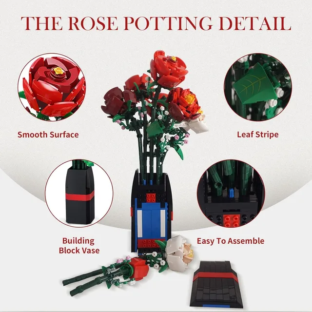 Rose Flowers Bouquet Building Block Sets with Vase,Rich Colours and Silky Feel,Botanical Collection,Creative Gifts for Adult 3