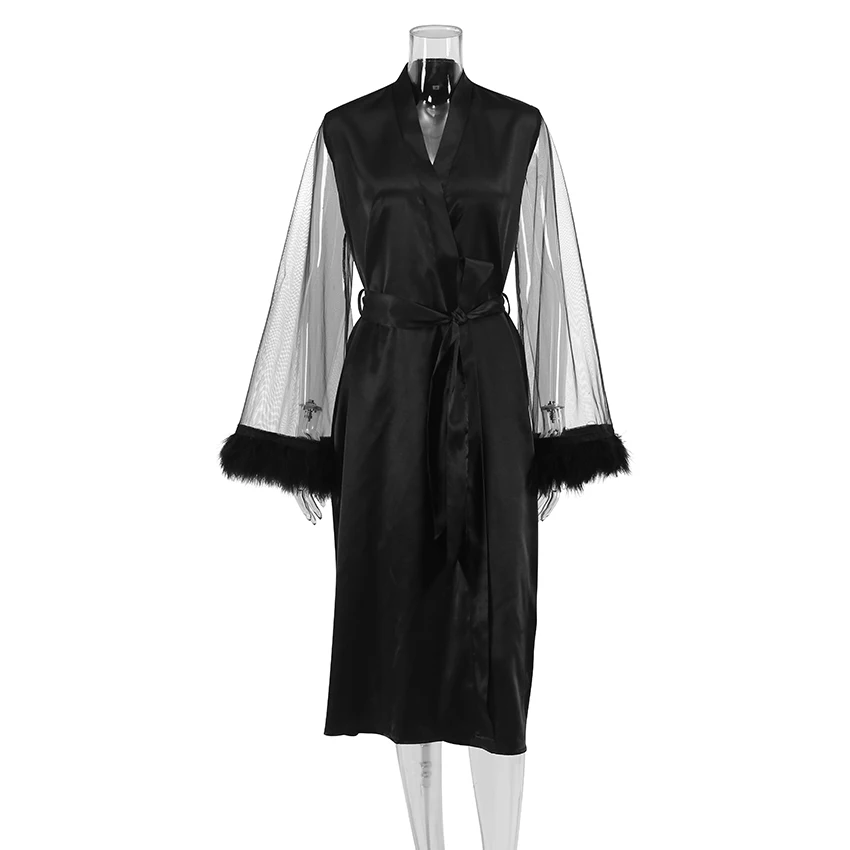 Women Dress Women Sleepwear Silk Robe Sleepwear Pajamas Hiloc See Through Satin Pajamas With Feathers Robes Patchwork Sexy Robe Long Flare Sleeves Sleepwear