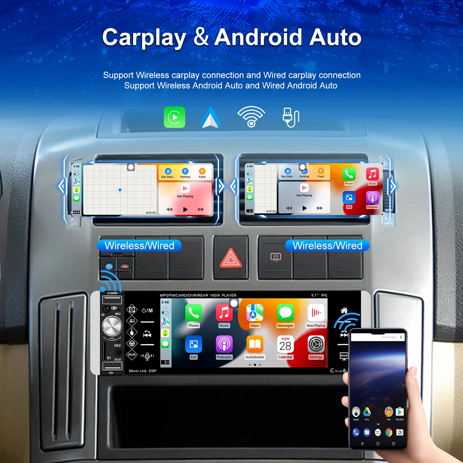 Car Radio 5.1 Inch MP5 Audio Video Player Android auto Carplay Bluetooth For Podofo