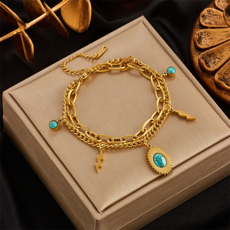 316 Stainless Steel Vintage Green Stone Heart Tassel Multilayer Charm Bracelet for Women Wedding Jewelry Beach брелок MEYRROYU Stainless Steel Bracelet Fashion Bracelet Fashion Jewelry