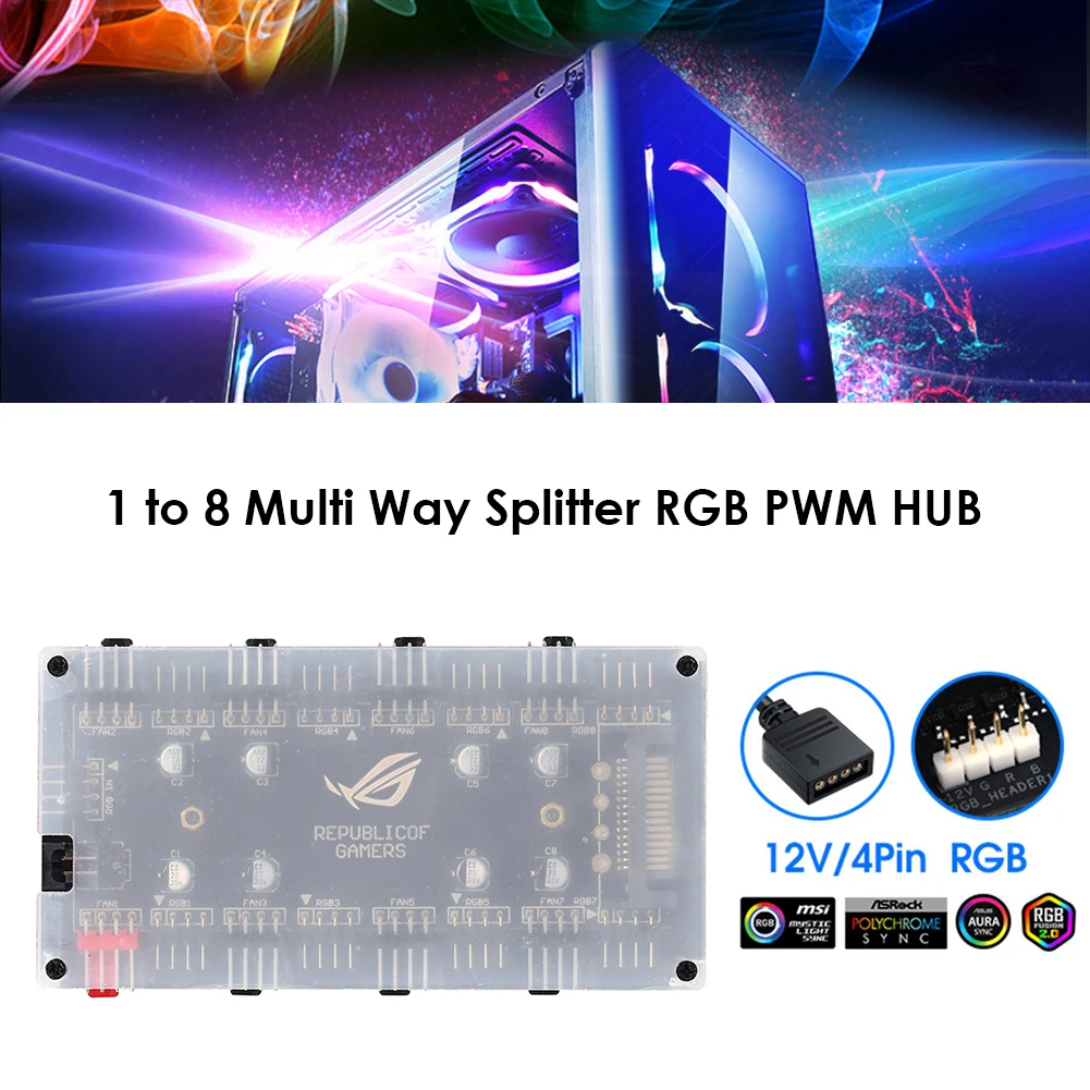 12V/4Pin RGB 5V/3Pin ARGB 팬 PWM 허브 1 8 멀티 웨이 스플리터 오라 팬 쿨러 연장 케이블 어댑터 속도 컨트롤러 어댑터
