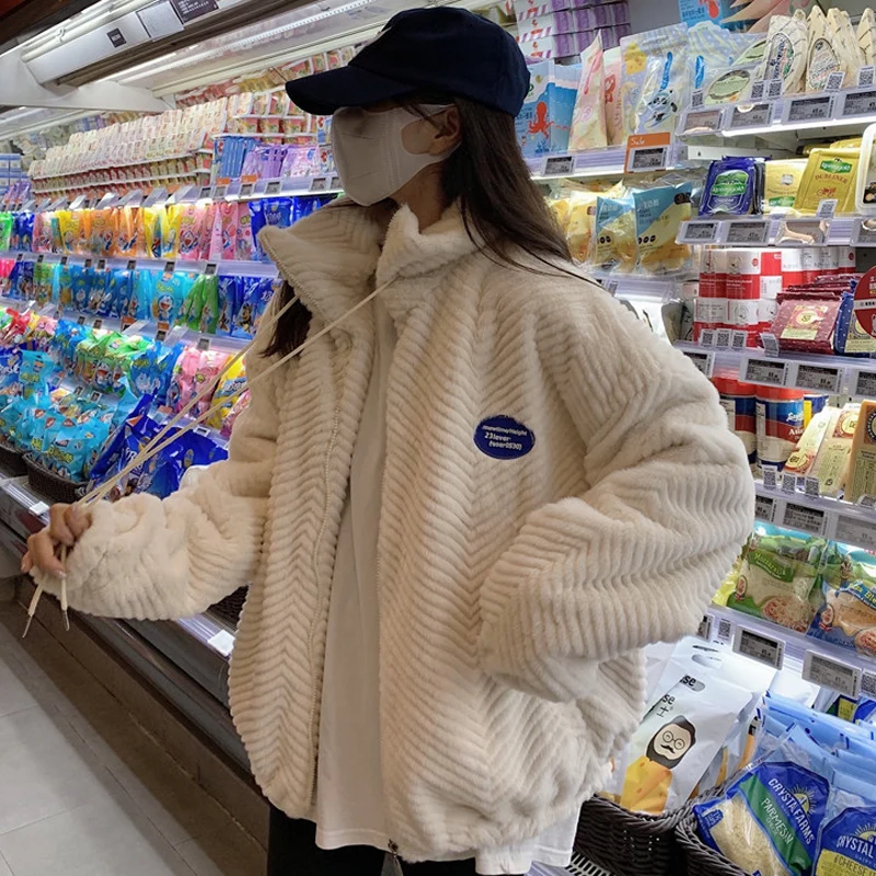

Winter Women Faux Rabbit Fur Coat Casual Solid Color Warm Faux Fur Jacket Woman Fashion Zip Thick Furry Stand-up Collar Overcoat
