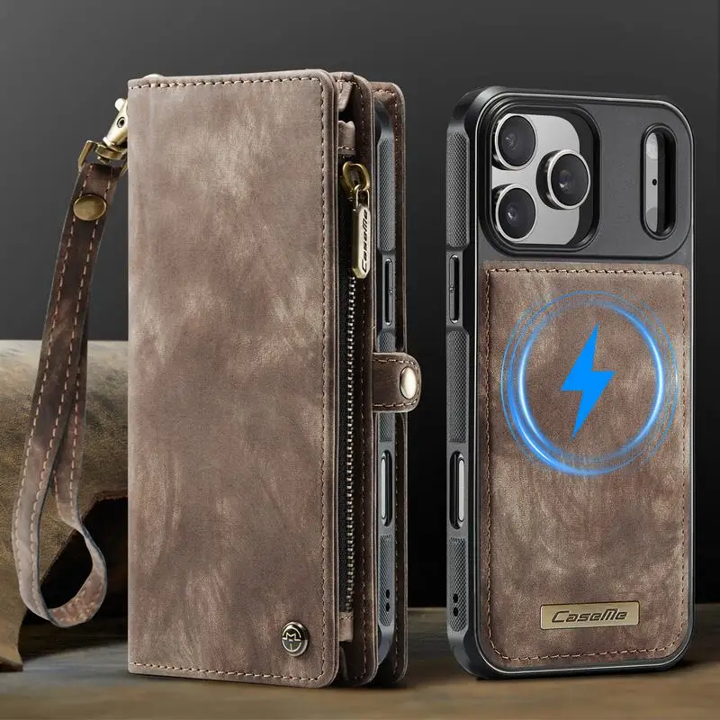 Leather Wallet Case with Zipper Card Slots and Magnetic Closure