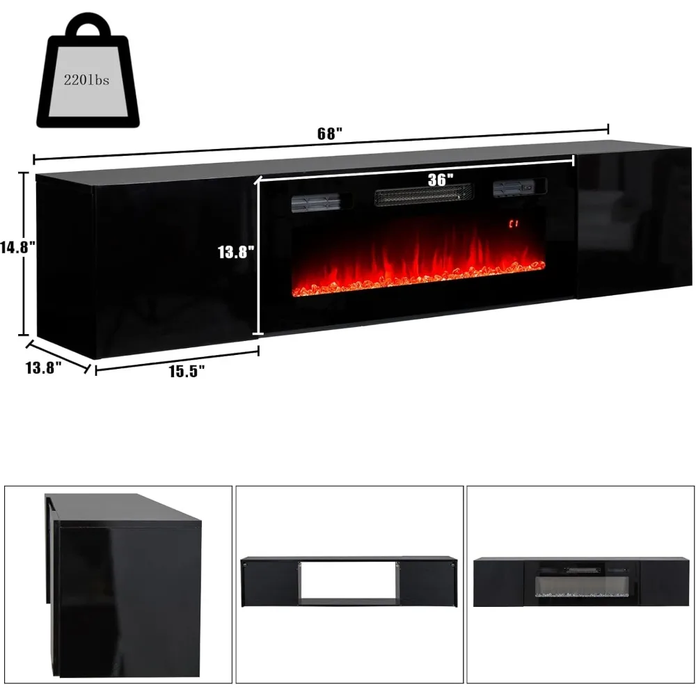 Floating TV Stand with 36" Electric Fireplace, High Gloss Finish Wall Mounted Fireplace Entertainment Center with Storage 6