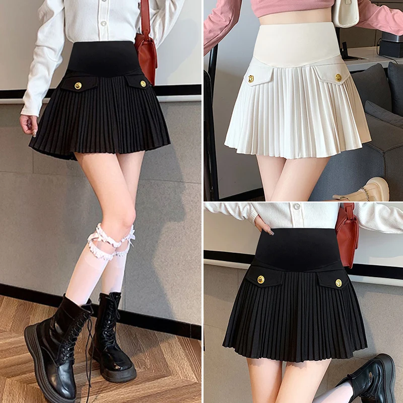 Pleated Woolen Skirts Maternity A Line Min Elastic Waist Belly Pregnant Women Autumn Winter
