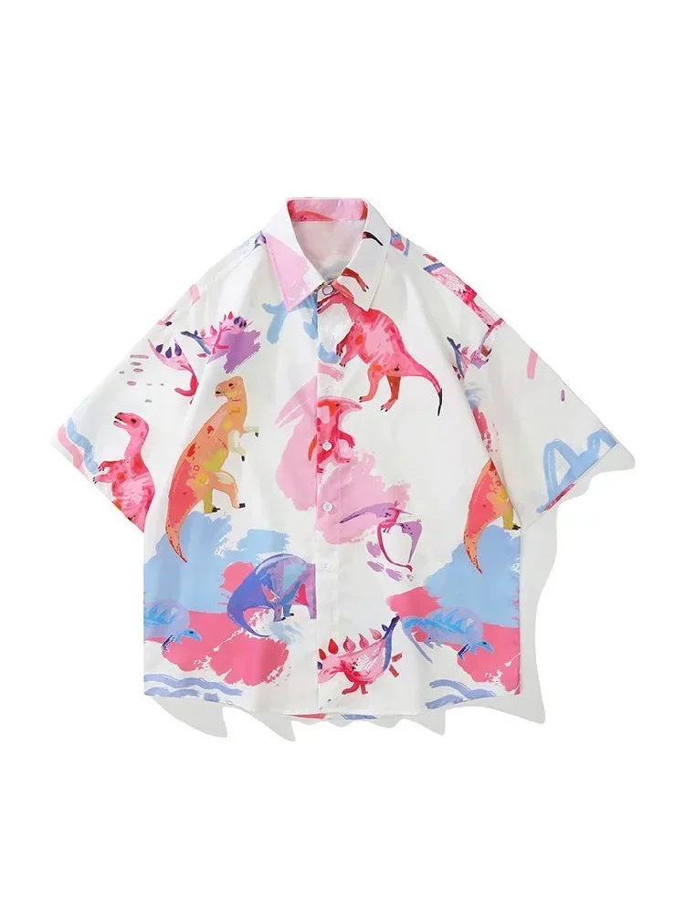 

Sycpman Oversized Men Short Sleeve Shirts Printed Women Summer Hawaii Dinosaur Beach Hawaiian Shirt