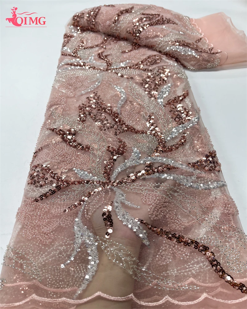 

OIMG Pink Handmade Beaded Nigerian Lace Fabrics 2023 High Quality French Tulle Lace African Sequins Embroidery Lace Fabric