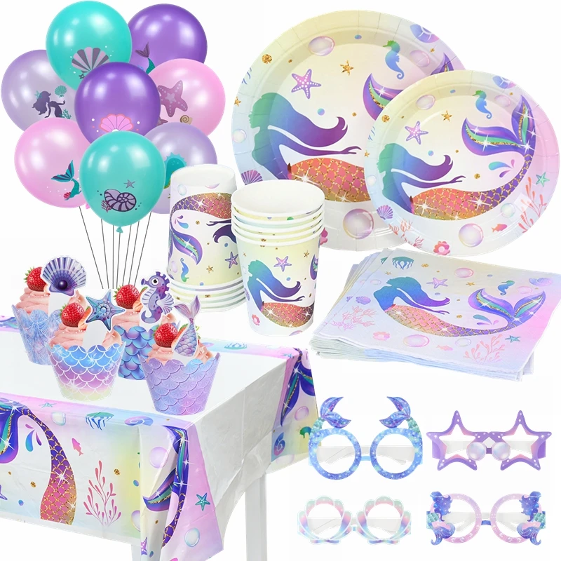 

Mermaid Party Disposable Tableware Set Under The Sea Little Mermaid Party Girls Happy Birthday Baby Shower Balloon Decorations 7
