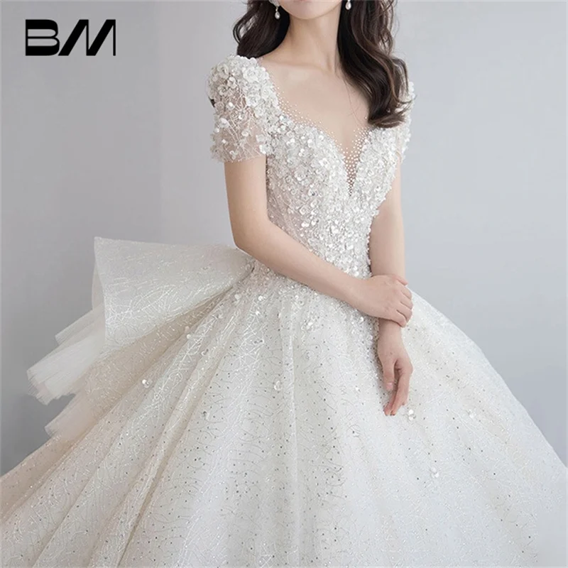 

Sheer Neck Long Train Wedding Dress With Beads Appliques Ballgown Bride Dresses Bridal Gown