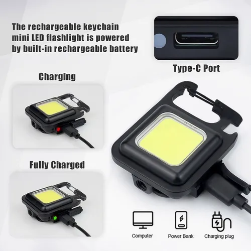 미니 USB 충전식 손전등, COB 작업등, 야외 비상 캠핑 코르크 스크류 낚시용 LED 키체인, 2-30 개 4