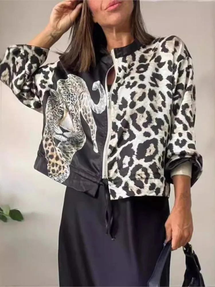 Vintage Streetwear Women Leopard Print Jackets Long Sleeve Zipper Outerwear O-neck 2025 Spring Autumn Ladies Female Casual Coats