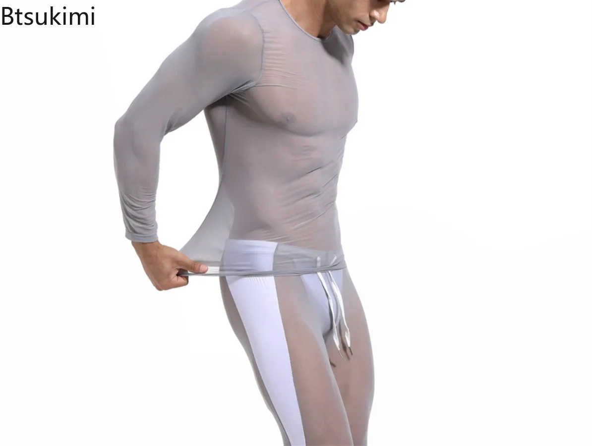 T-shirt da uomo sexy in rete 2026, elasticizzate, trasparenti a manica lunga, top sportivi da uomo, maglie a compressione per fitness, abbigliamento da palestra trasparente - immagine 3