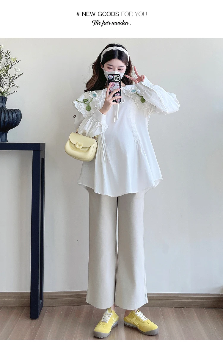 Y77196# 2 Pcs Clothing Khaki Wide Leg Denim Embroidery Pregnant Women Suit