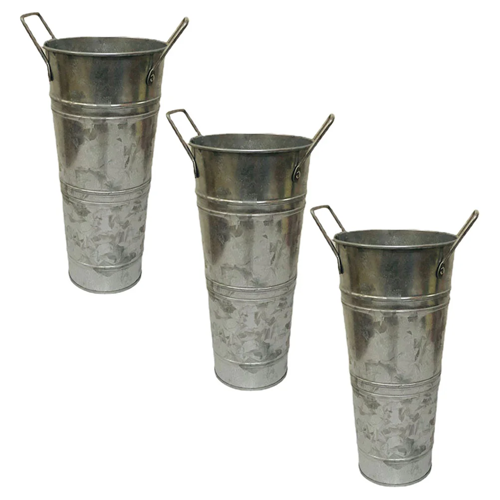 

3 Pcs Retro Distressed Barrel Vase Iron Bucket Flower for Home Arrangement Pot with Handle Vintage Galvanized Metal