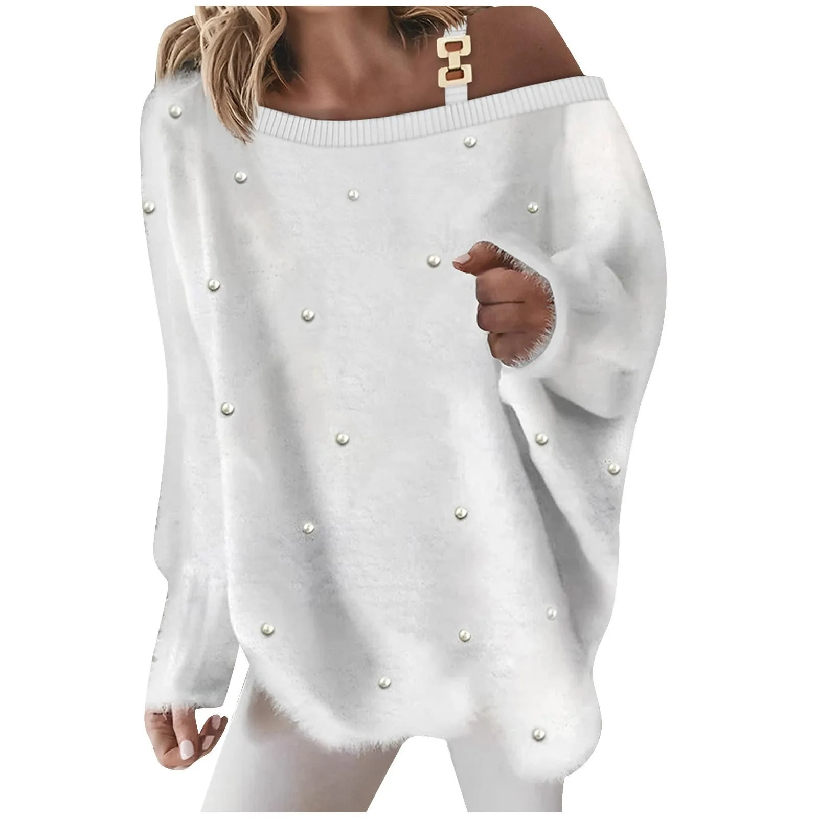 

Ladies 2023 Autumn Cold Shoulder Fuzzy Fleece Sweaters For Women Trendy Pearl Decor Loose Long Sleeve Pullover Jumper Tops