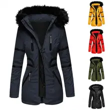 

Solid Color Zipper Buttons Closure Winter Coat Waist Tight Plush Hooded Quilted Women Overcoat for Outdoor