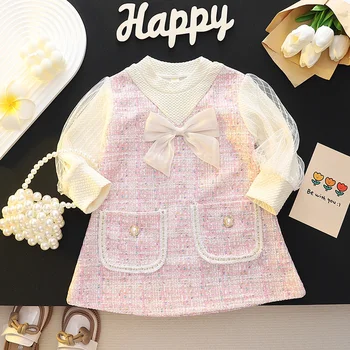 Abiti eleganti per bambini per ragazze Moda Arco Manica lunga Principessa Bambini Festa di compleanno Abito Primavera Morbido Vestiti per bambini Vestito