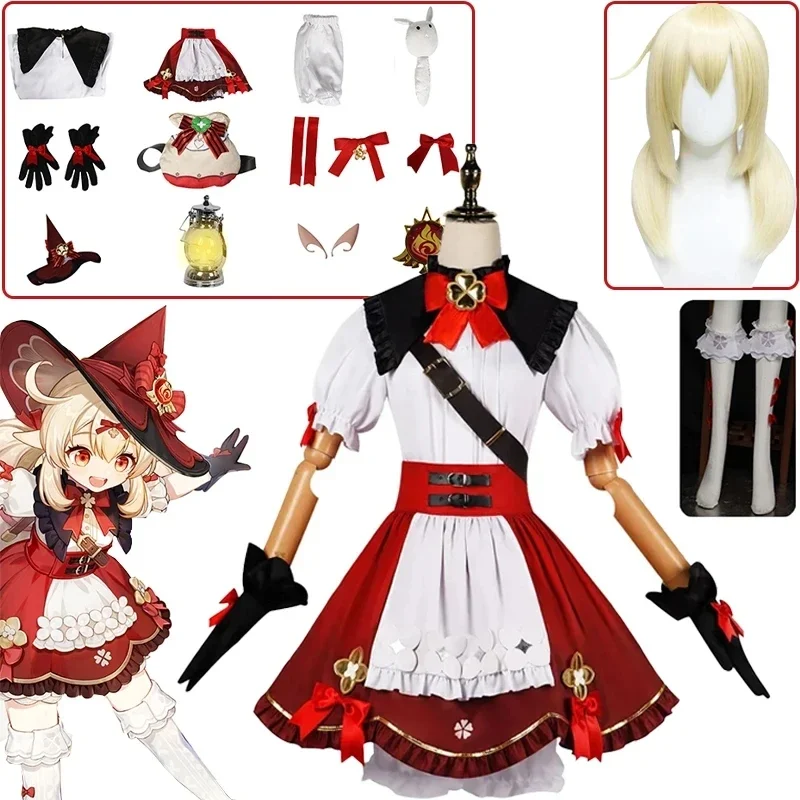 

Genshin Impact Klee Cosplay Costume Wig Little Witch New Skin Cosplay Red Cute Lolita Dress Hat Bag Kawaii Halloween Outfits