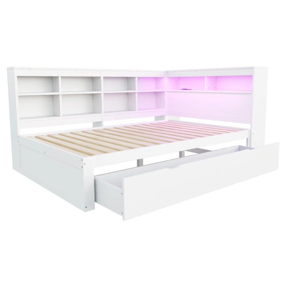 140 x 200 cm großes Schlafsofa aus Massivholz, mit extra großen Schubladen und Ablagefächern, mit USB-Buchse und LED-Lichtleiste, Weiß/Grau – Detail 14