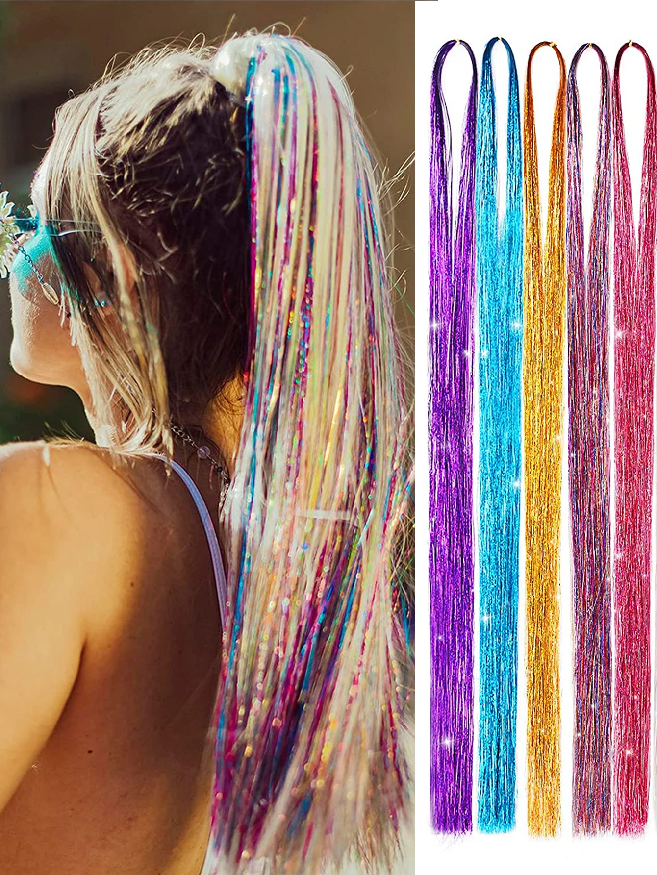 Synthetic Sparkle Shiny Hair Tinsel Rainbow Silk Hair Extensions