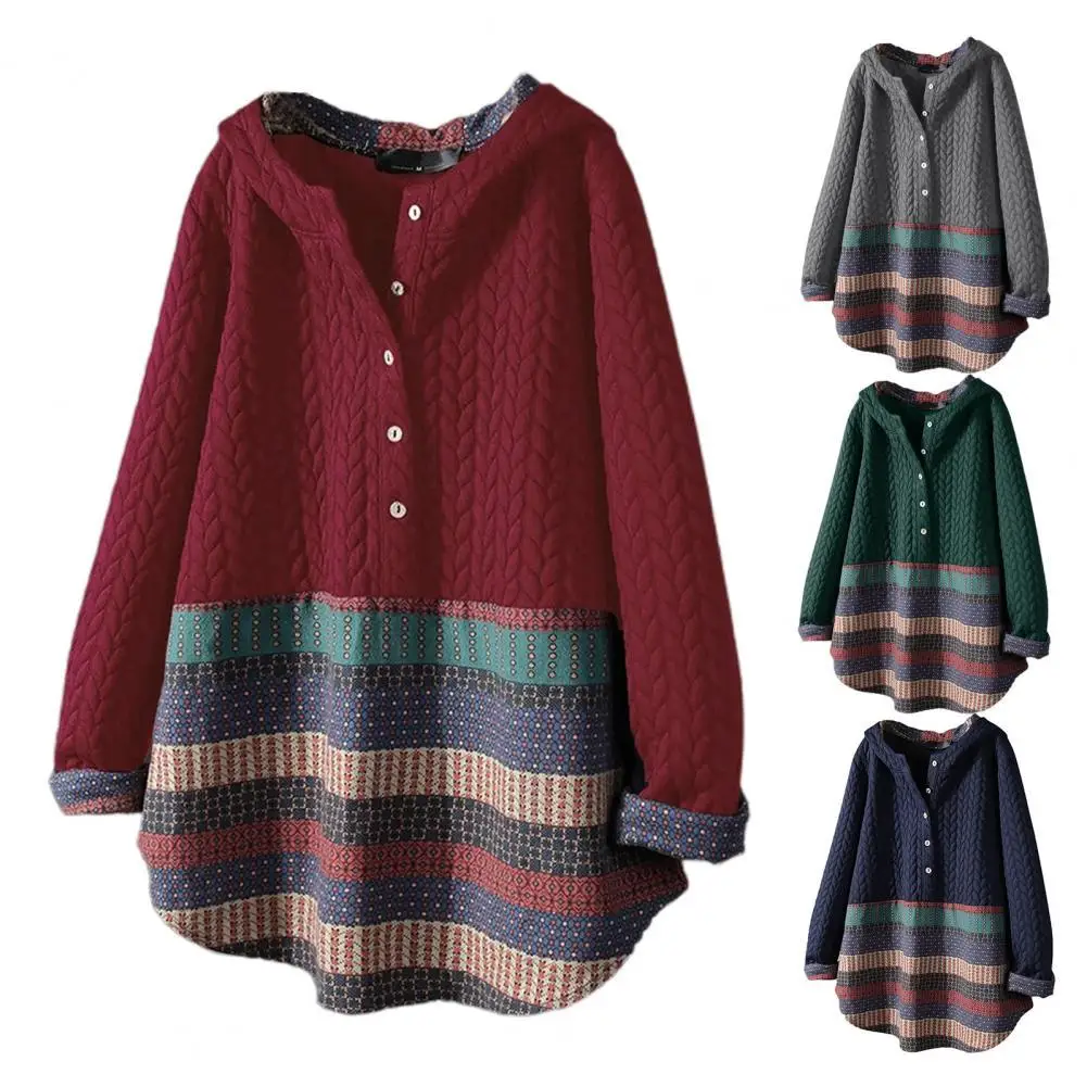 Women Coat Color Block Ethnic Style Print Autumn Winter Vintage Patchwork Jacket for Daily Wear