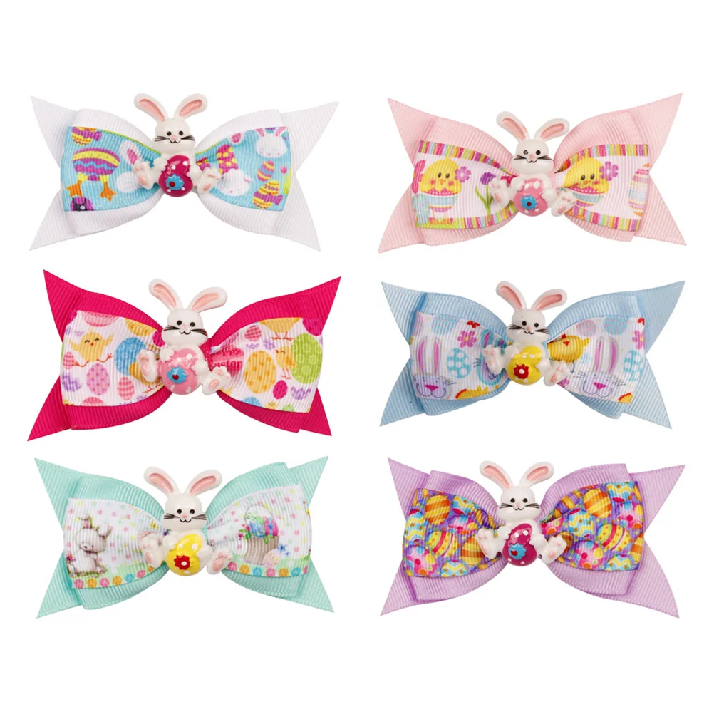 

6pcs Easter Rabbit Hairpins Grosgrain Forked Tail Bowknot Hair Clips Kids Headdress