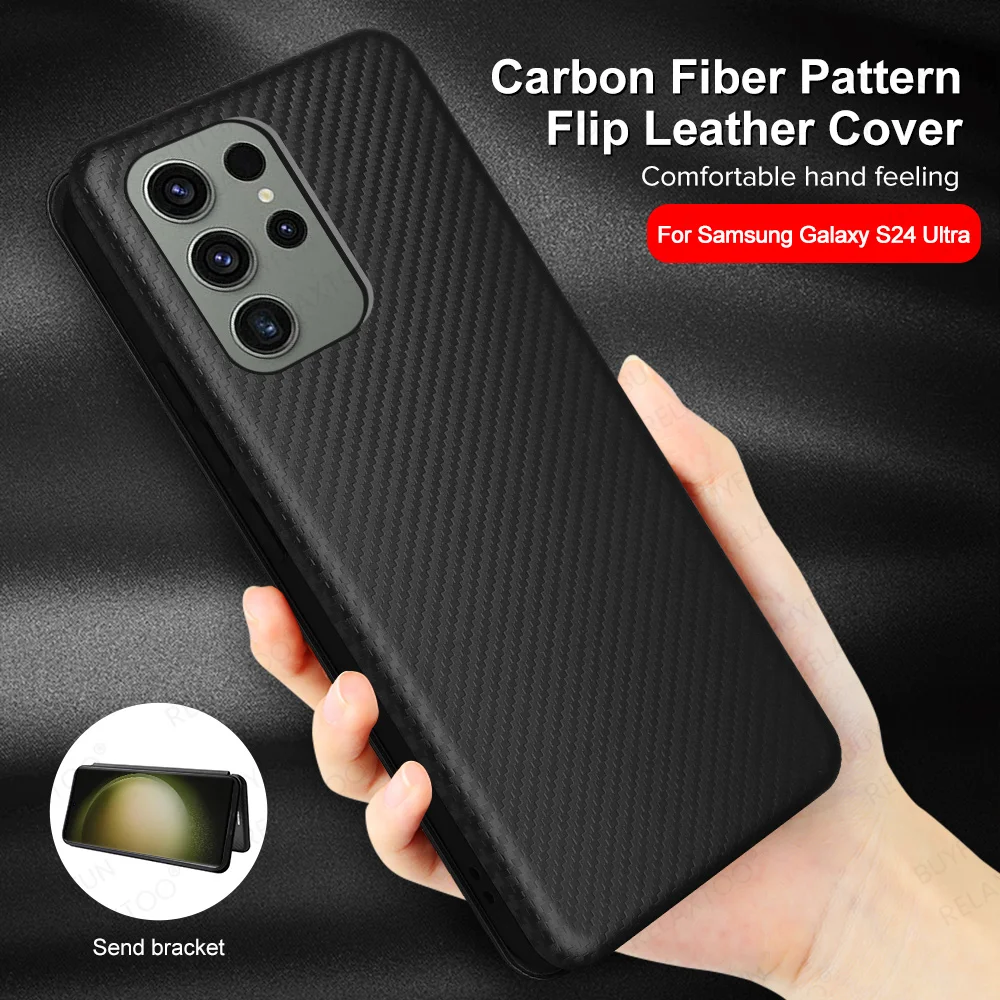 

Кожаный чехол-книжка из углеродного волокна для Samsung Galaxy S24 Ultra SamsungS24 Plus S24Ultra, тонкий Чехол-книжка с отделениями для карт и кольцом