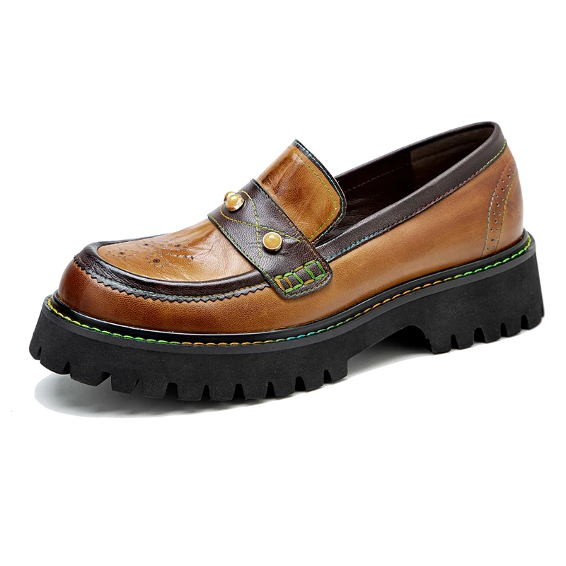 

New Arrival Hand-Painted Thick Heel Women Loafers Genuine Leather Retro Casual Comfort Platform Creepers Oxfords Shoes For Woman