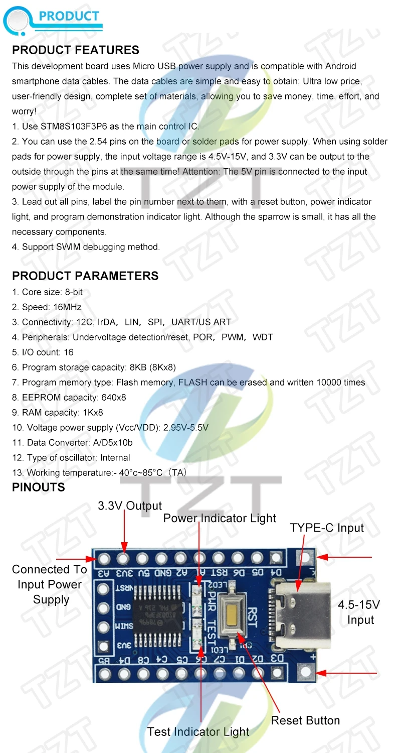 1/2/5 Stück STM8S003F3P6 STM8S103F3P6 Systemplatine TYPE-C STM8S STM8 Entwicklungsplatine Minimale Kernplatine für Arduino STM DIY-Kit – Detail 1