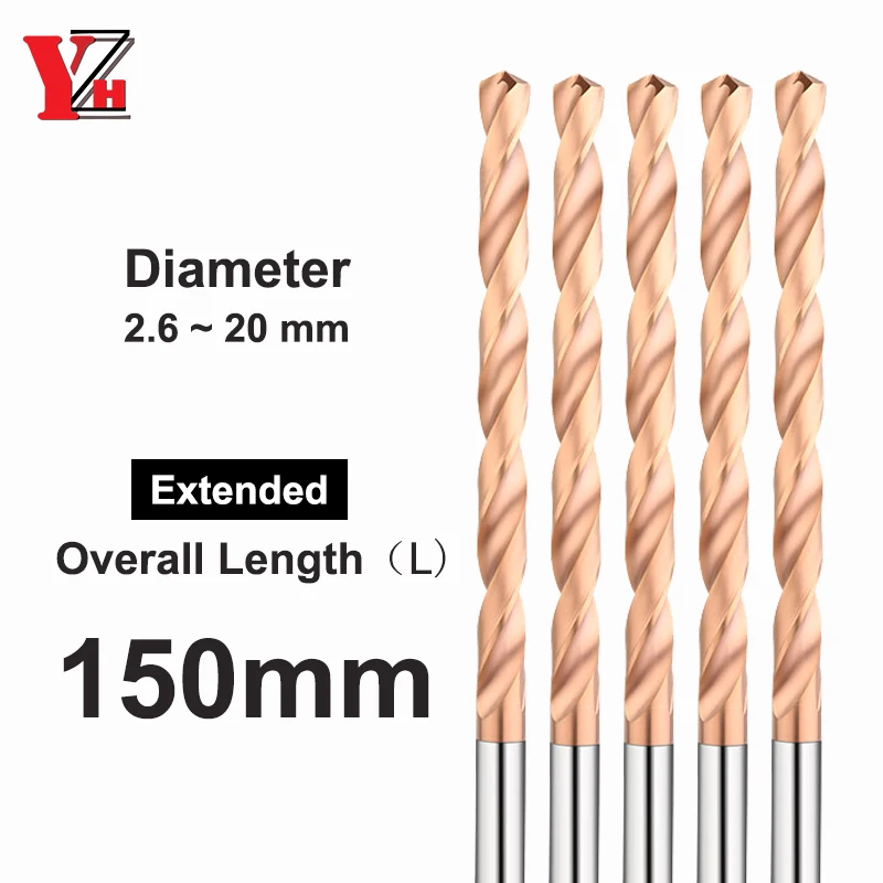 YZH Carbide Twist Drill Total Length 150mm Solid Tungsten Bits HRC55 CNC Straight Handle Drilling Hole For Metal Iron Steel