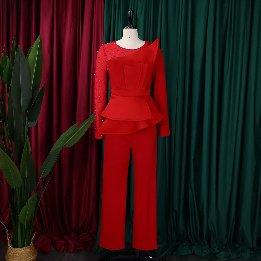 Elegant Beading Women Jumpsuit Pants Sexy Mesh Patchwork Party Rompers Casual Overalls Straight Pant Outfits for Women
