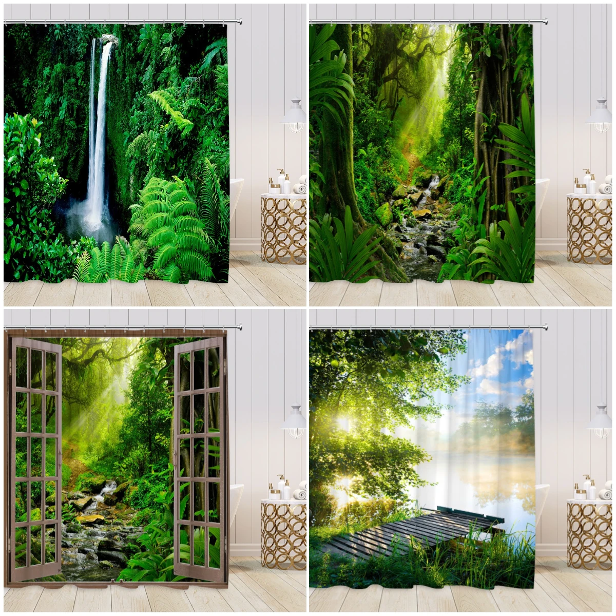 

Natural Landscape 4PCs Bath Mat Set Green Plants Waterfall Nature Scenery Shower Curtain Set Non-slip Bath Rug Toilet Lid Cover