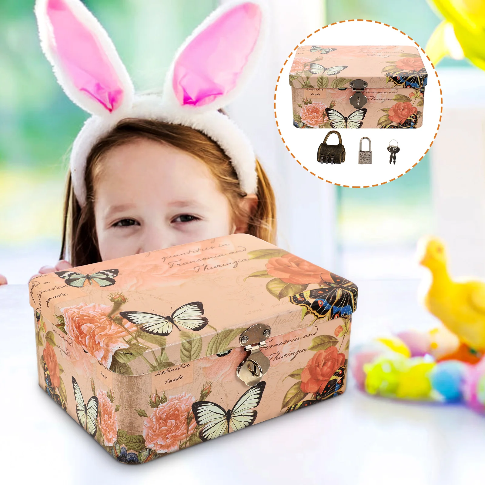 Tinplate Storage Box Padlock Iron Storage Case Metal Keepsake Box Trinket Jewelry Box Rectangle Storage Holder Small Storage