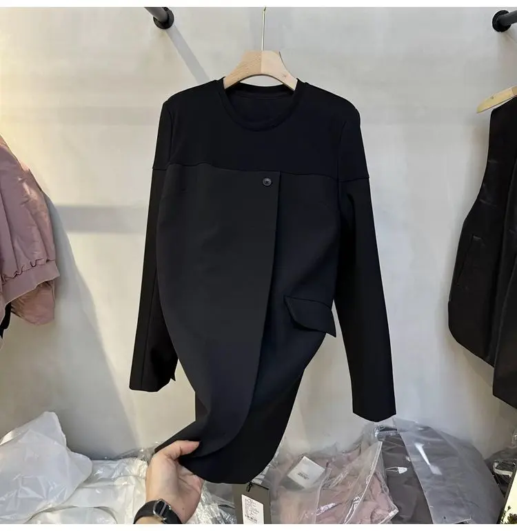 Large pullover suit for women with loose design, front panel splicing, mid length top trendy  blazer feminino