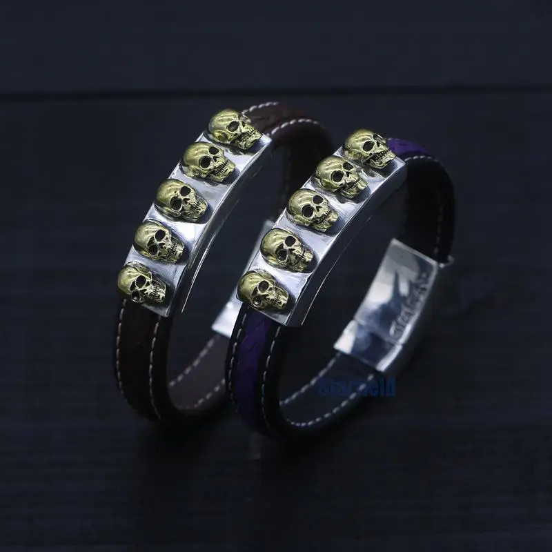 

Starfield S925 Sterling Silver Retro Thai Silver Skeleton Head Punk Style Leather Male Female Bracelet