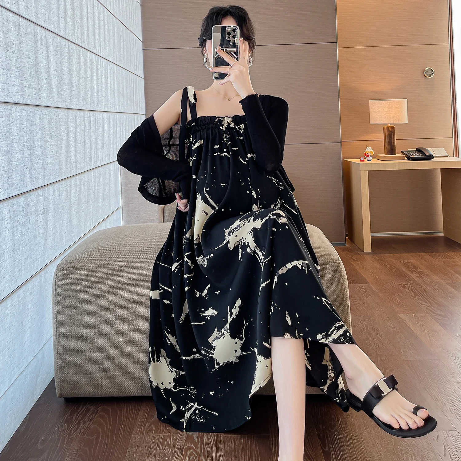Spring Maternity Dress Suits Long Sleeve Knitting Cardigans Vintage Strap Dress Twinset Pregnant Woman Holiday Clothes Set