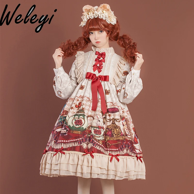 

Lolita Wine Red Op Dress 2024 Autumn/Winter Japanese Style Cute Sweet Loose Long Sleeve Bow Ruffled Dress with Free Headwear