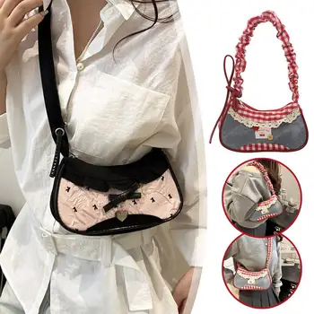 Borsa Hobo in Denim con Decorazioni in Pizzo a Quadretti, Borsa a Tracolla con Fiocco e Cuore, Borsetta Crossbody per Ragazze Stile Y2K