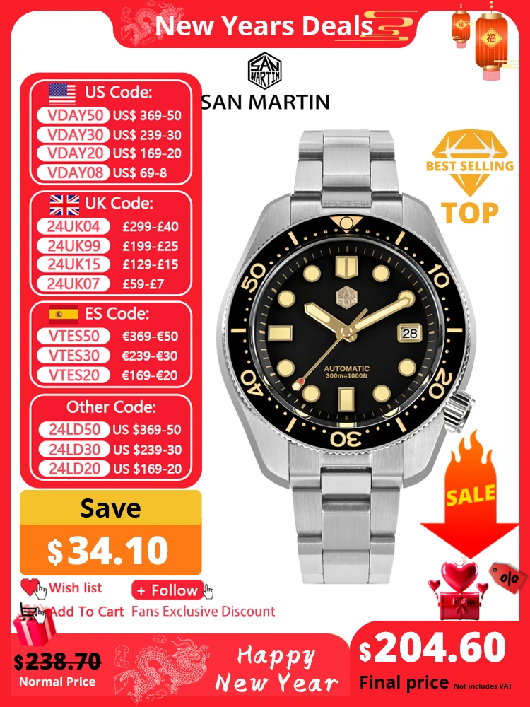 San Martin 2023 Nuovo 44Mm Vintage Mm300 Orologio Da Immersione Da Uomo Nh35 Quadrante Dorato Zaffiro Meccanico Automatico Impermeabile 300 M C3 Reloj