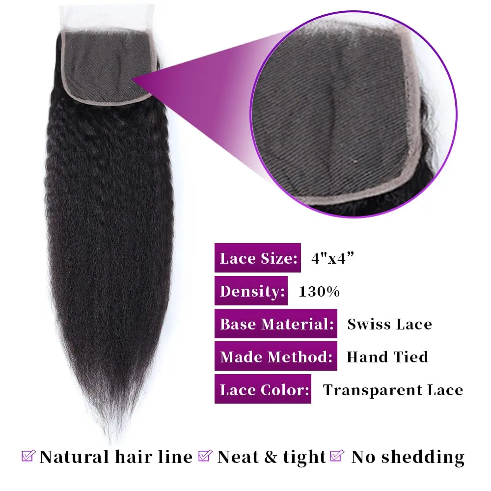 Brazilian Virgin Kinky Straight HD Lace Closure Unprocessed Yaki Straight Human Hair 4X4 Transparent Lace Closure