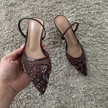 حذاء كعب نسائي سلينغباك مطرّز بالخرز لإطلالات المناسبات — صورة 6