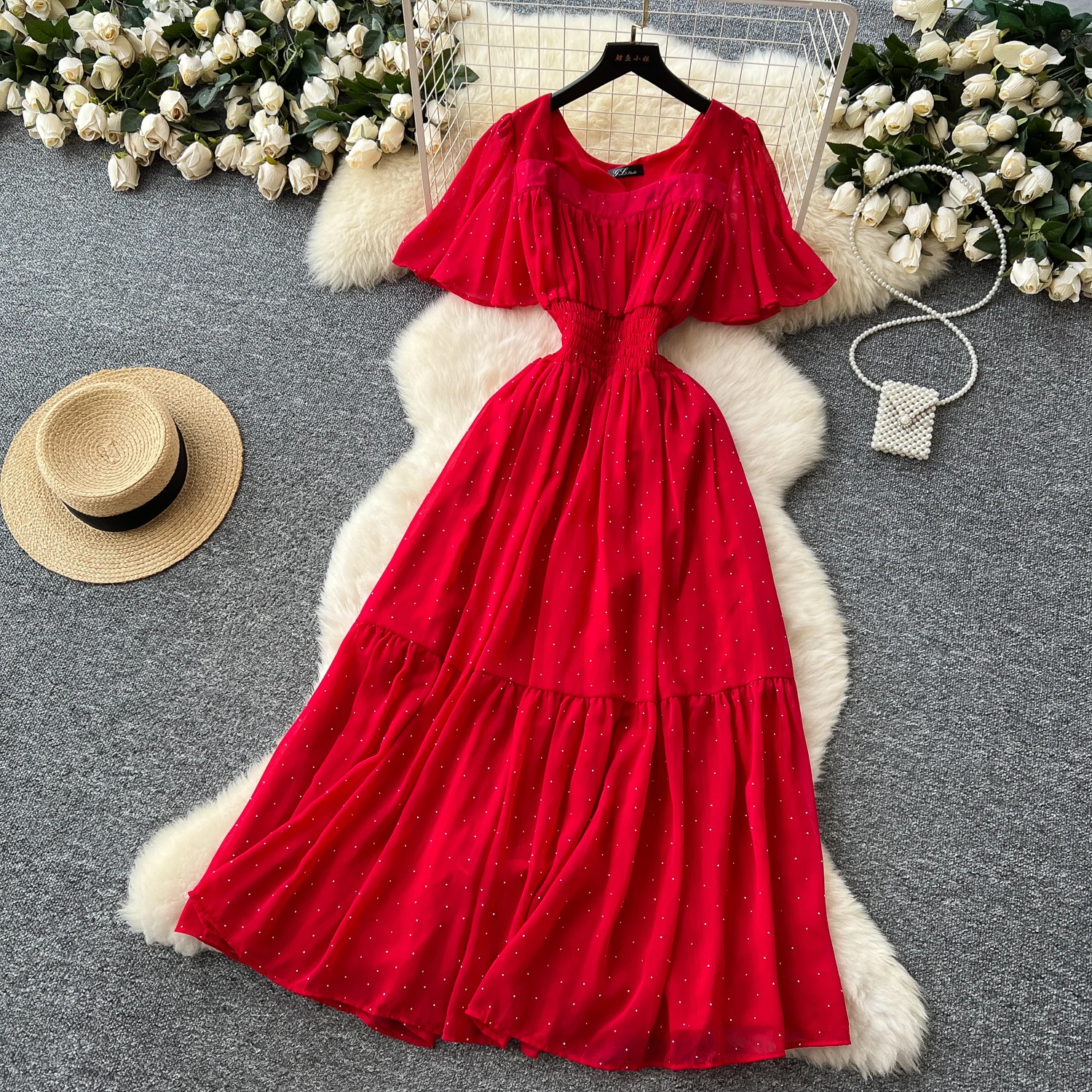 Elegant Sexy High Waist chiffon glitter Vacation Vestidos Slim Women Party Ceremonial Dress