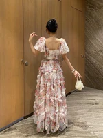 GALCAUR الحلو المرقعة شبكة فستان للنساء ساحة طوق نفخة الأكمام عالية الخصر ضرب اللون الأزهار طباعة سترة فساتين الإناث 1