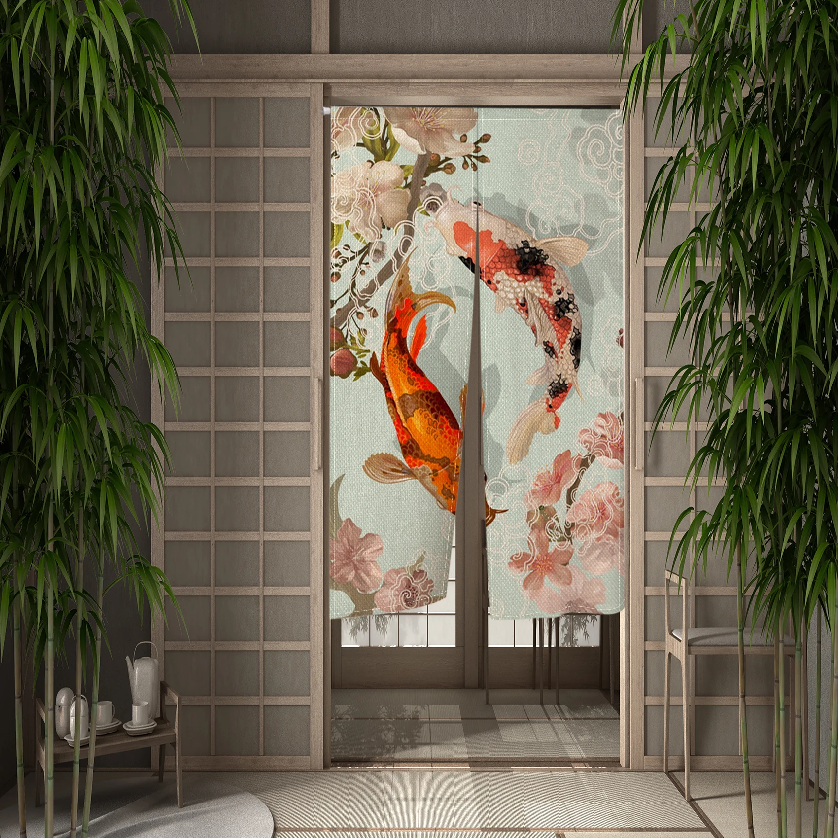 Koi Fish Japanese Door Curtain Kitchen Entrance Door Curtain Decor Fengshui Drape Room Linen Curtain Door Hanging Half-curtain 4