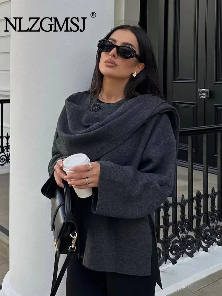 TRAF 2023 Winter Female Scarf Coat Long Sleeve Knitted Asymmetric Jackets For Women Streetwear Causal Women Coats 2