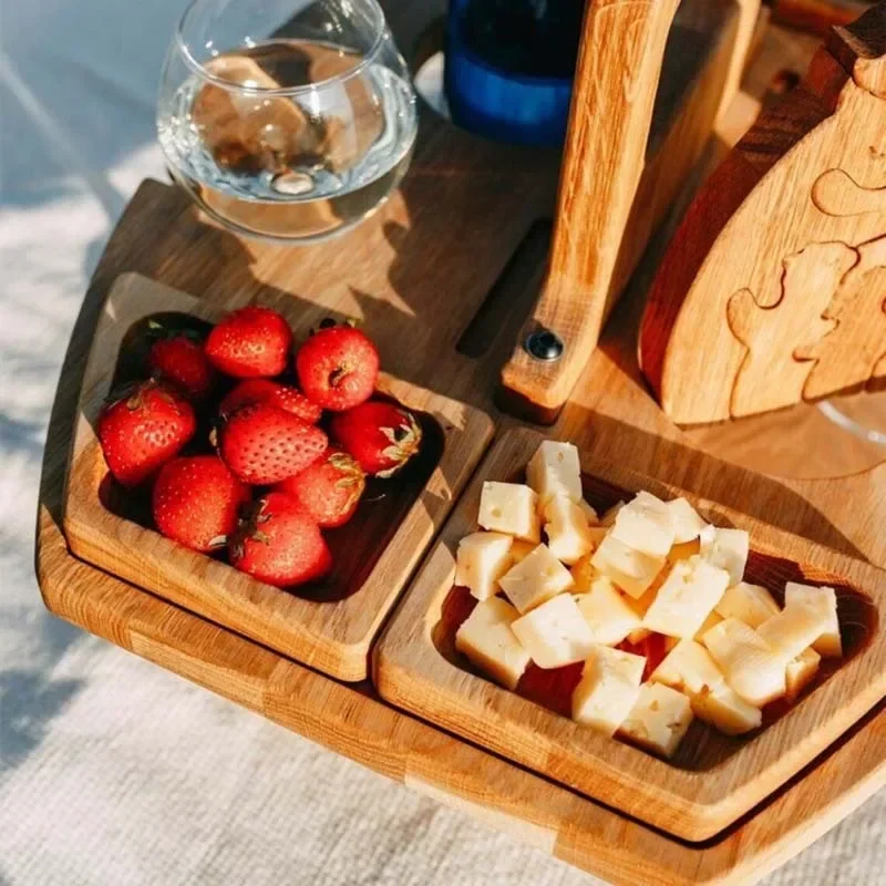 Portable Wooden Picnic Table Carry Handle Outdoor Folding Wine Table Removable Wine Glass Holder Folding Low Snack Tray