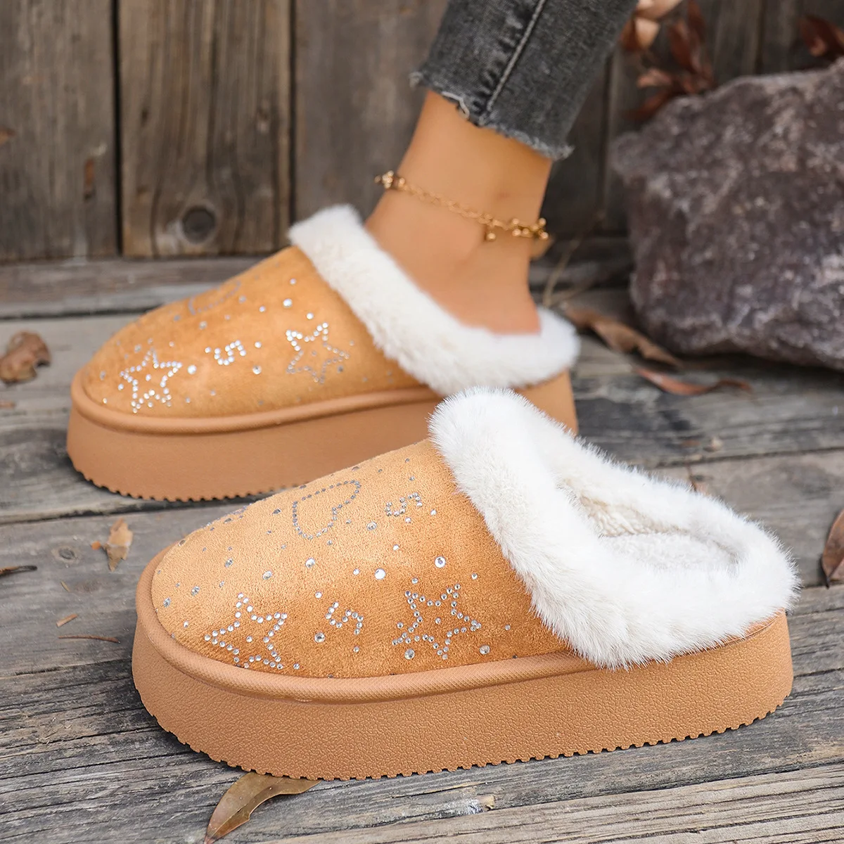 Comfortable Plush Cotton Slippers for Women, Thick Bottom, Anti Slip, Sexy, Elegant, Flat, Warm, Casual, Winter, Fashion, New