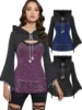 ROSEGAL Plus Size Women Costume Blouses Gothic Punk Lace Panel Bell Sleeves Chains Hooded Strug And Textured Tank Top Set