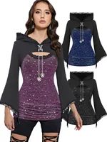 ROSEGAL Plus Size Women Costume Blouses Gothic Punk Lace Panel Bell Sleeves Chains Hooded Strug And Textured Tank Top Set