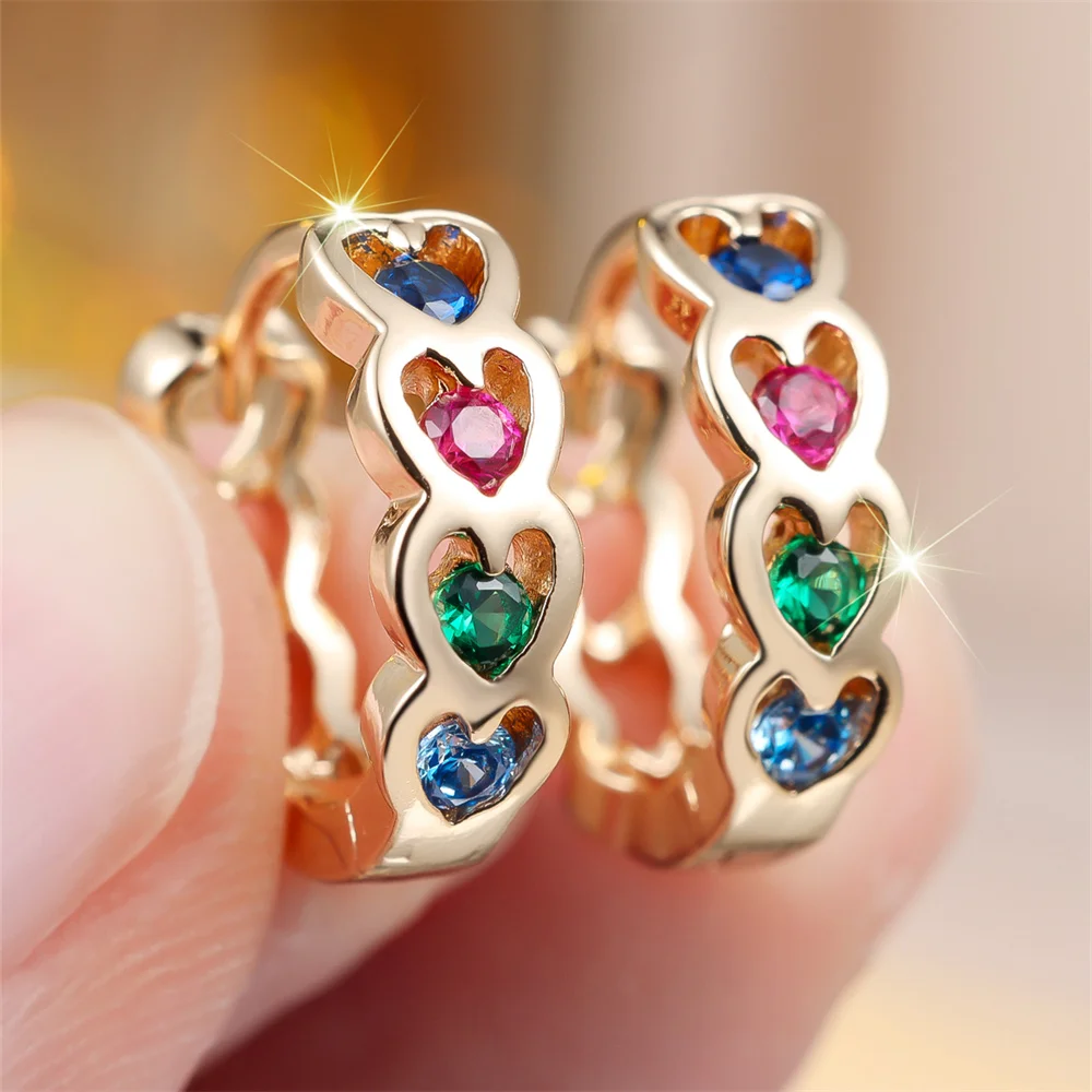 Single Row Love Heart Rainbow Crystal Hoop Earrings For Women Vintage Gold Silver Color Ear Buckle Wedding Jewelry Bridal Gifts